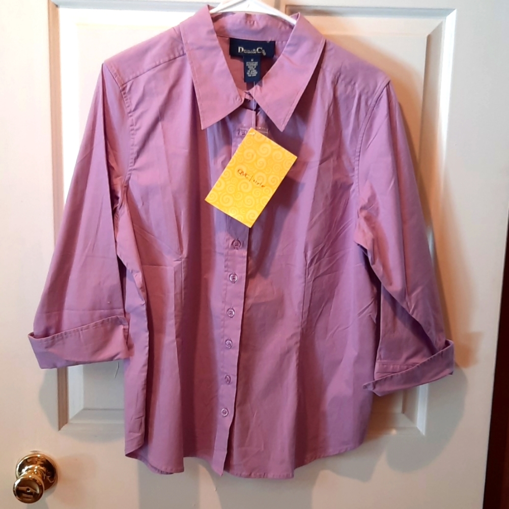 NWT! Denim & Co. Shirt Womans Medium Purple 3/4 Sleeve Button-Down Classic